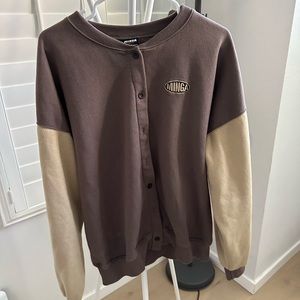 Minga London Brown and Beige Oversized Varsity Jacket Fleece